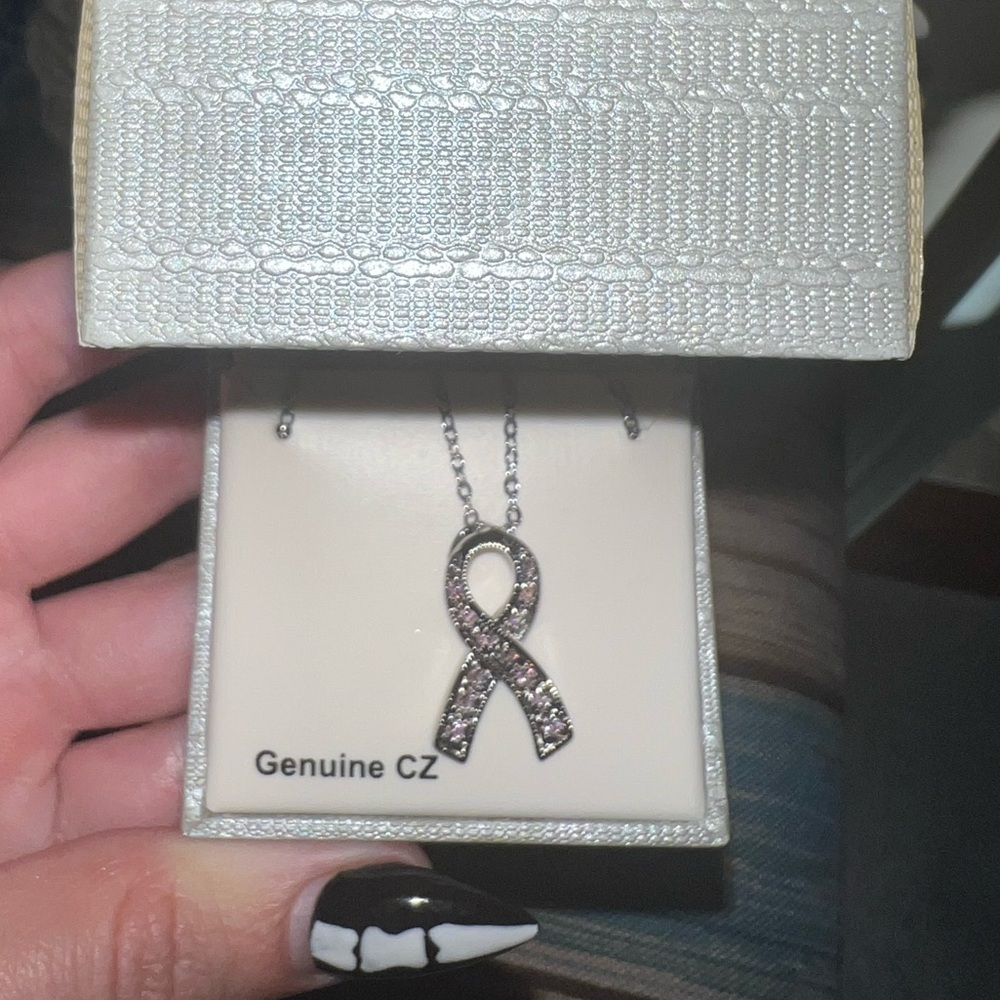 Breast Cancer Pink Ribbon ๐ Silver Necklace Genuine CZ - Picture 3 of 7